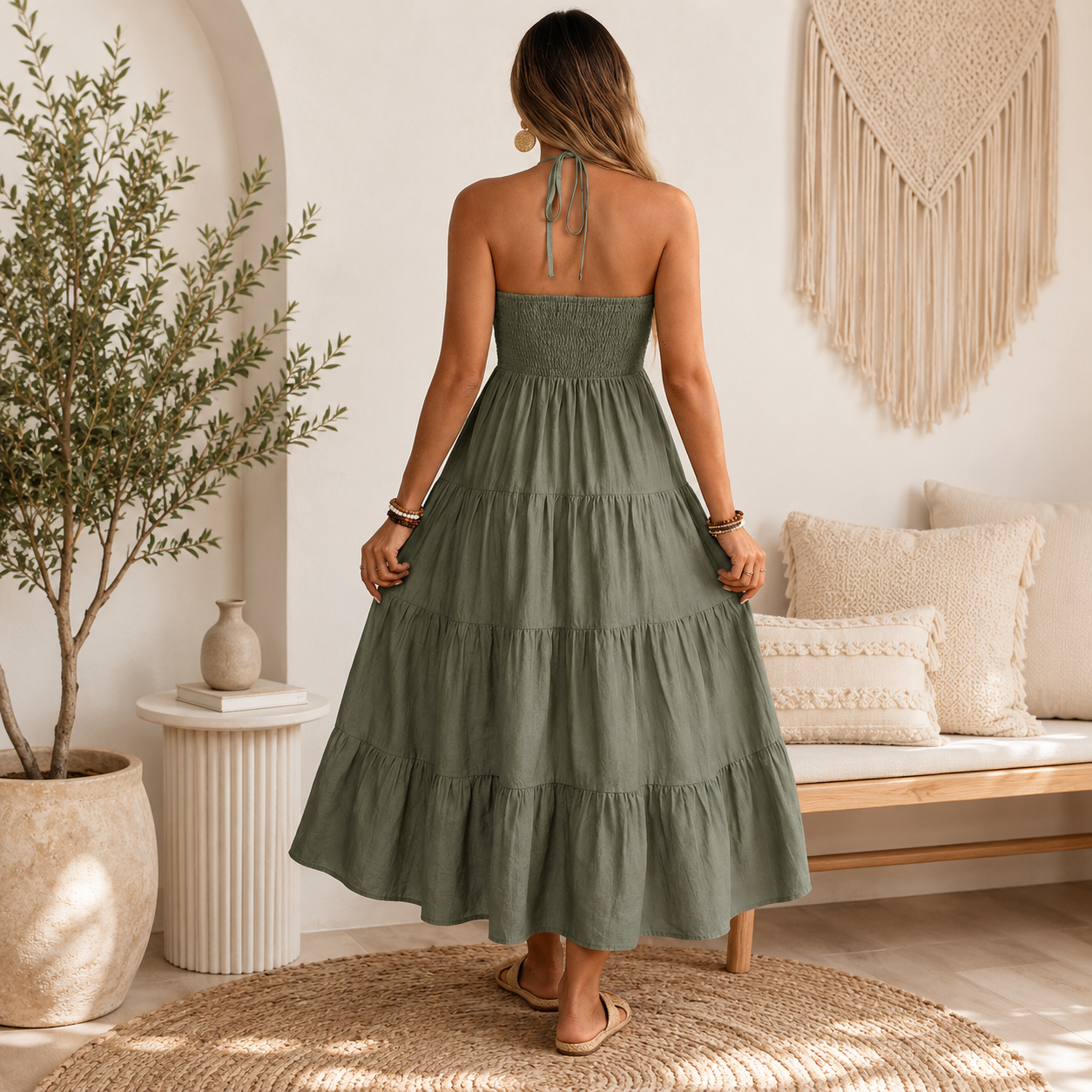 Olive Breeze Halter Maxi Dress