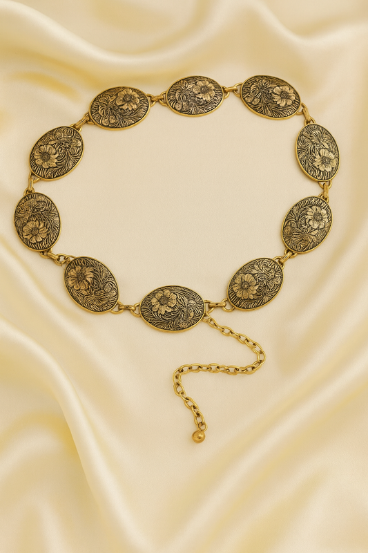 Flower Embossed Concho Chain Belt